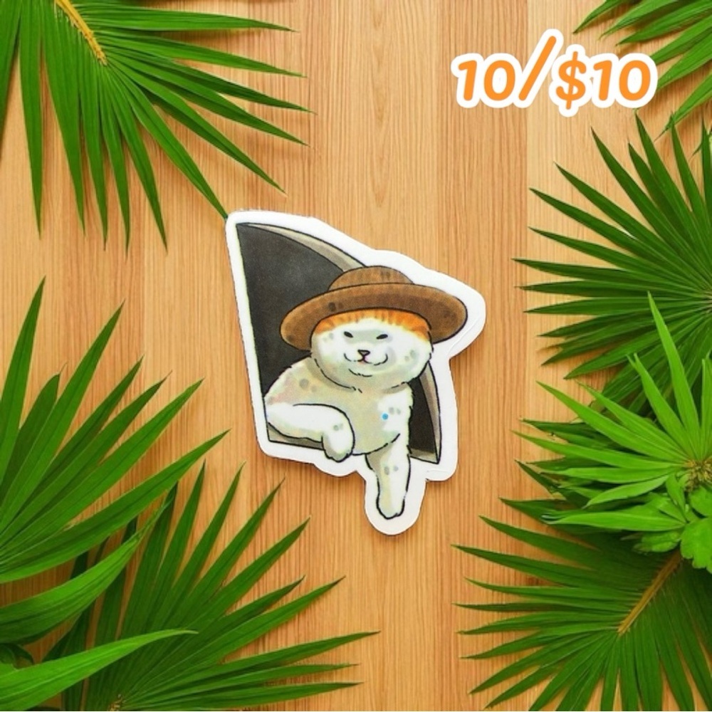 Cool White Cat in Straw Hat Sticker – Vinyl (Approx. 1.5”)